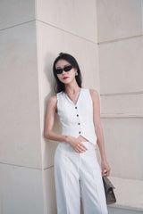 Sleeve-less waist-coat top with buttons for office lady