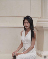 Sleeve-less waist-coat top with buttons for office lady