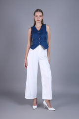 Sleeve-less waist-coat top with buttons for office lady