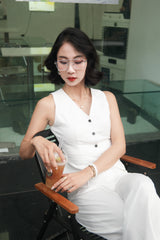 Sleeve-less waist-coat top with buttons for office lady